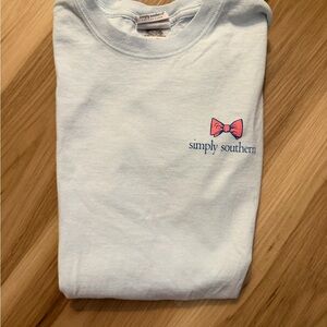 Simply Southern Light Blue Tee with Navy Dog and Coral Bow